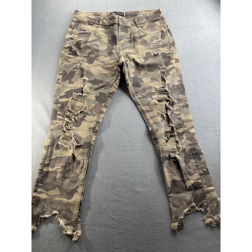 Zara Camo Shark Bite Hem Jeans Womens 6 Stretch Military Y2K Streetwear Grunge